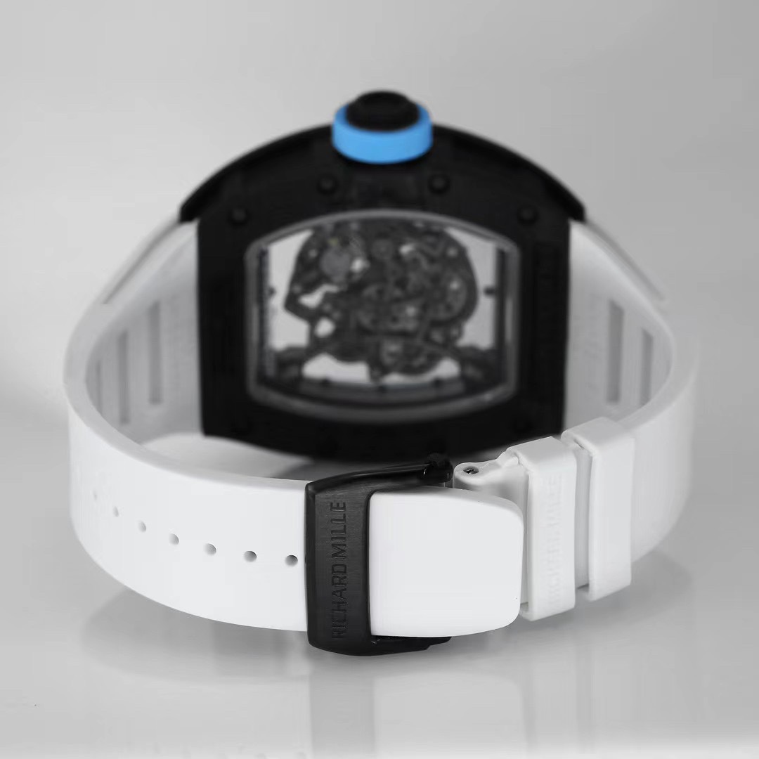 Richard Mille RM055 Skeleton Carbon Fiber Case White Rubber Strap Blue Accents Strap Buckle Detail View