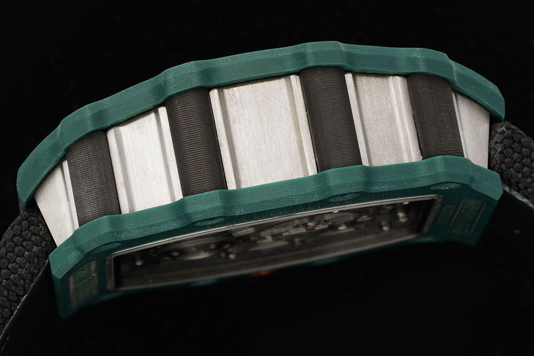 Richard Mille RM21-02 Tourbillon Aerodyne Green Carbon Case Skeleton Dial Black Fabric Strap Case Side Detail View