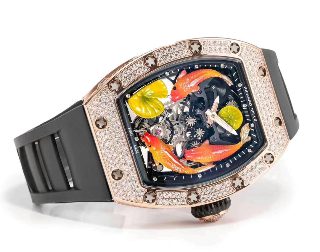 Richard Mille RM S10 Koi Tourbillon Rose Gold Diamond Black Rubber Strap Angled View