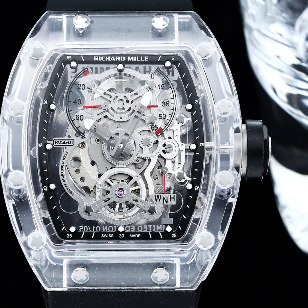 Richard Mille RM56 Collection RM56-01 Transparent Case with Black Strap Front View Dial Display