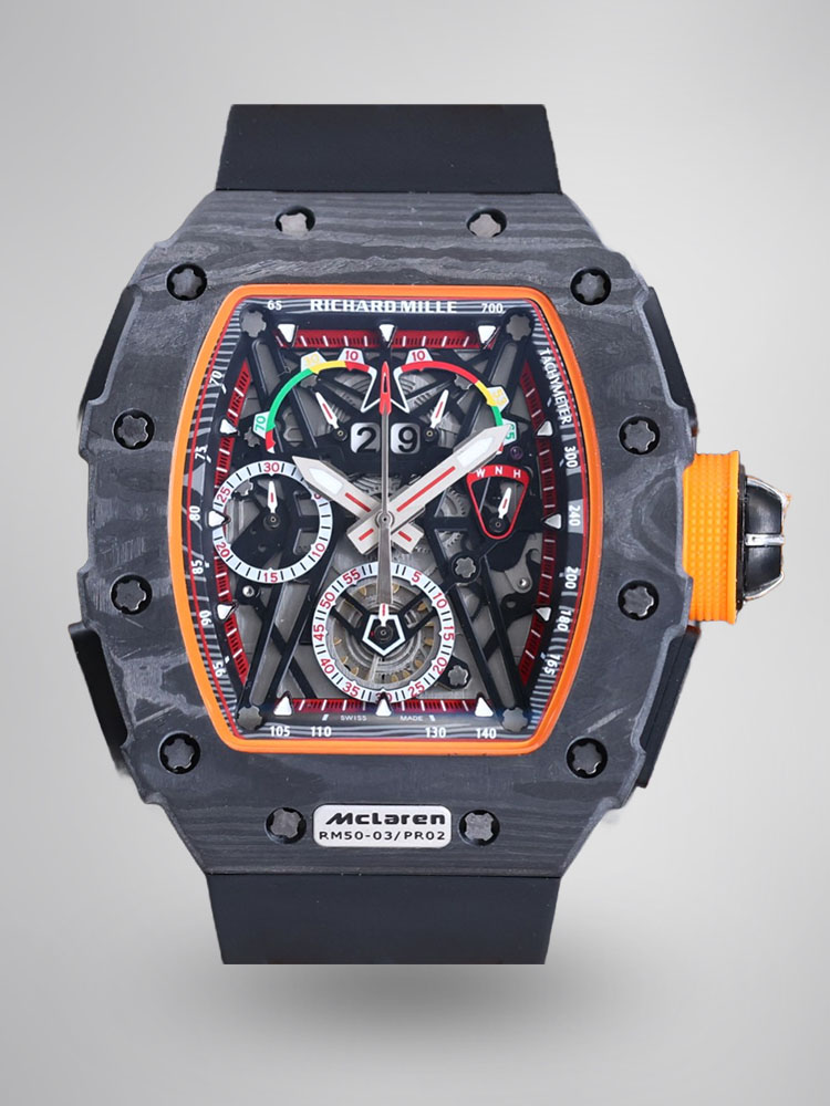Richard Mille RM50-03 McLaren F1 Tourbillon Carbon Case Black Orange Accents Black Rubber Strap Skeleton Dial Front View