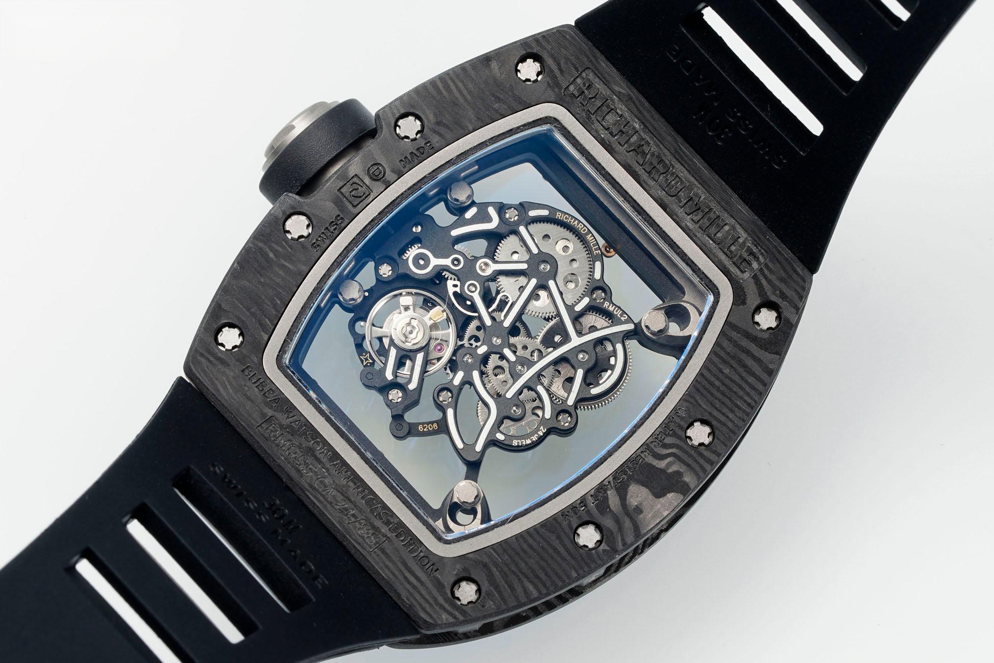 Richard Mille RM055 Skeleton Watch Black Carbon Fiber Black Rubber Strap Detail Angled View