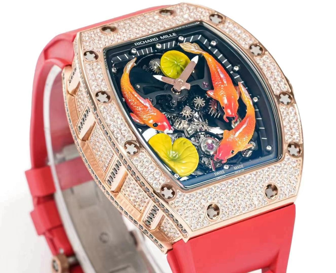 Richard Mille RM S10 Koi Tourbillon Rose Gold Diamond Red Strap Angled Front View