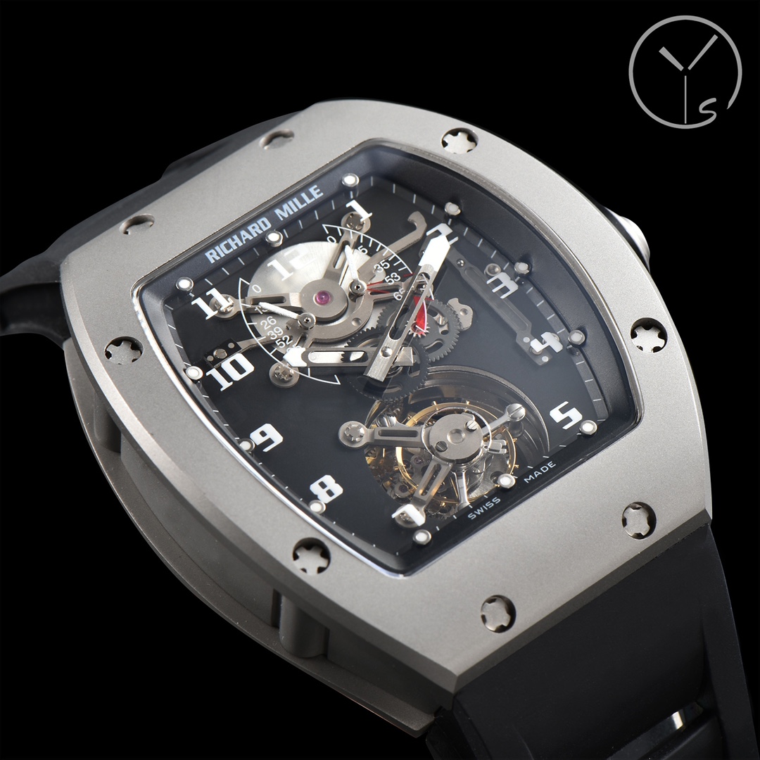 Richard Mille RM001 Tourbillon Titanium Skeleton Black Rubber Strap Dial Close-Up Detail