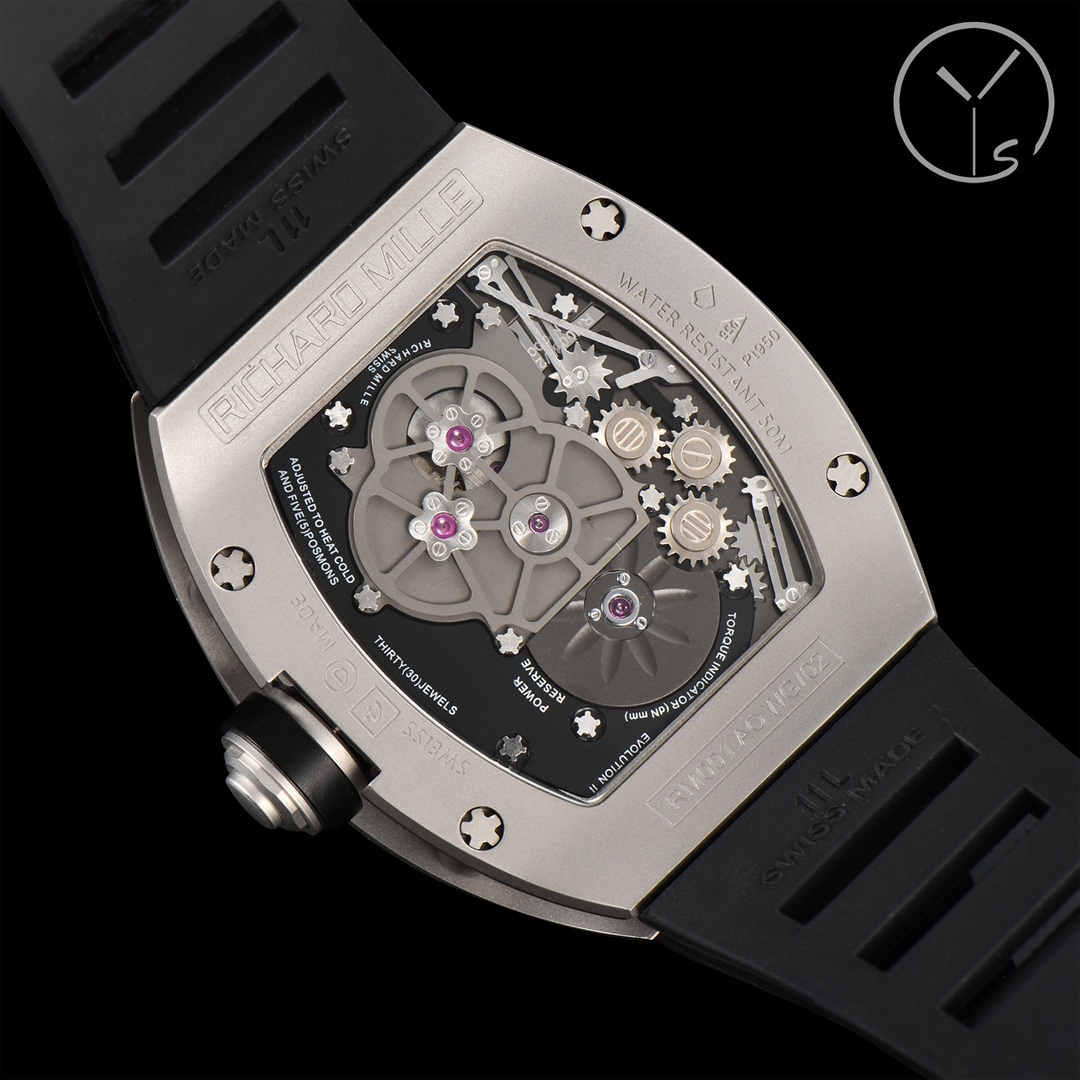 Richard Mille RM001 Tourbillon Titanium Skeleton Black Rubber Strap Caseback Movement Detail