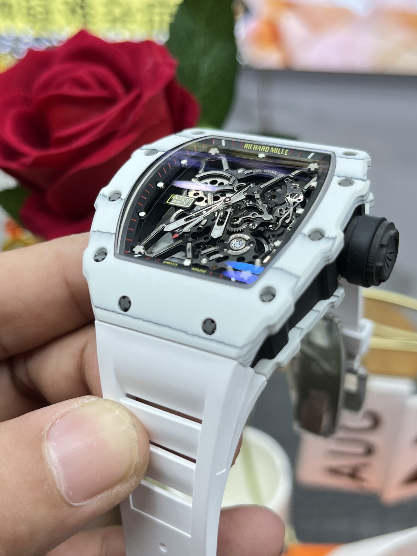 Richard Mille RM35-01 White Carbon Case Black Skeleton Dial White Rubber Strap Angled Case Side View