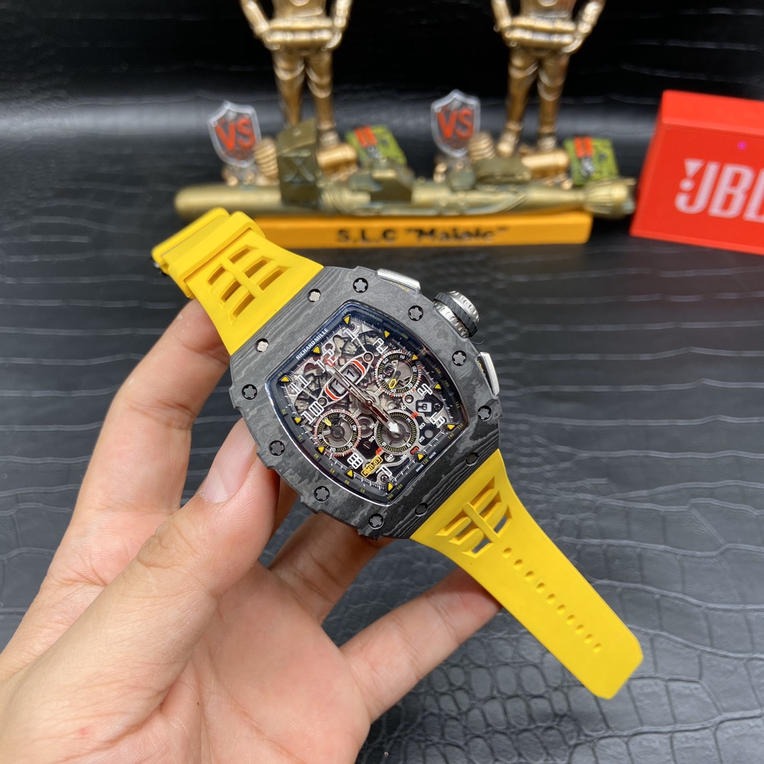 Richard Mille RM 011 Skeleton Dial Black Carbon Fiber Case Yellow Rubber Strap Full Watch Perspective View