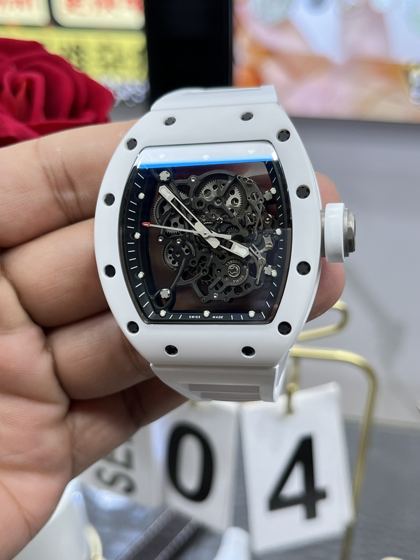 Richard Mille RM055 BBR white ceramic case black skeleton dial white strap skeleton movement handheld display view