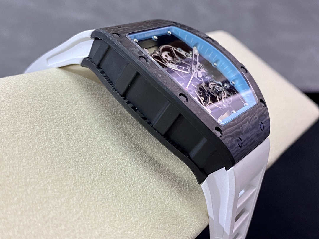 Richard Mille RM055 Yas Marina Abu Dhabi Limited Edition carbon fiber case blue inner bezel white strap skeleton movement side angle view