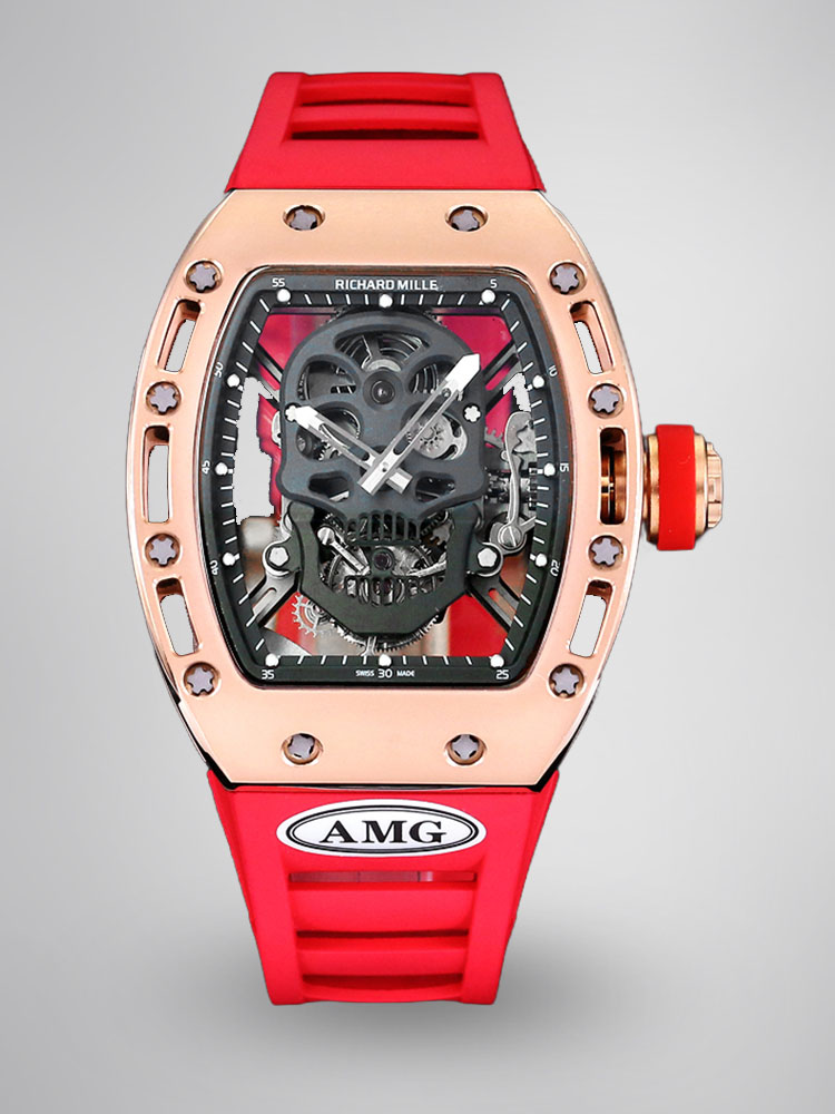 Richard Mille RM052 Collection RM052 Black Skull Dial with Rose Gold Case and Red Rubber Strap Front View