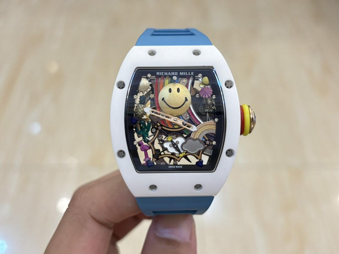 Richard Mille RM88 Smiley Tourbillon White Ceramic Blue Rubber Strap Wrist Shot Front View