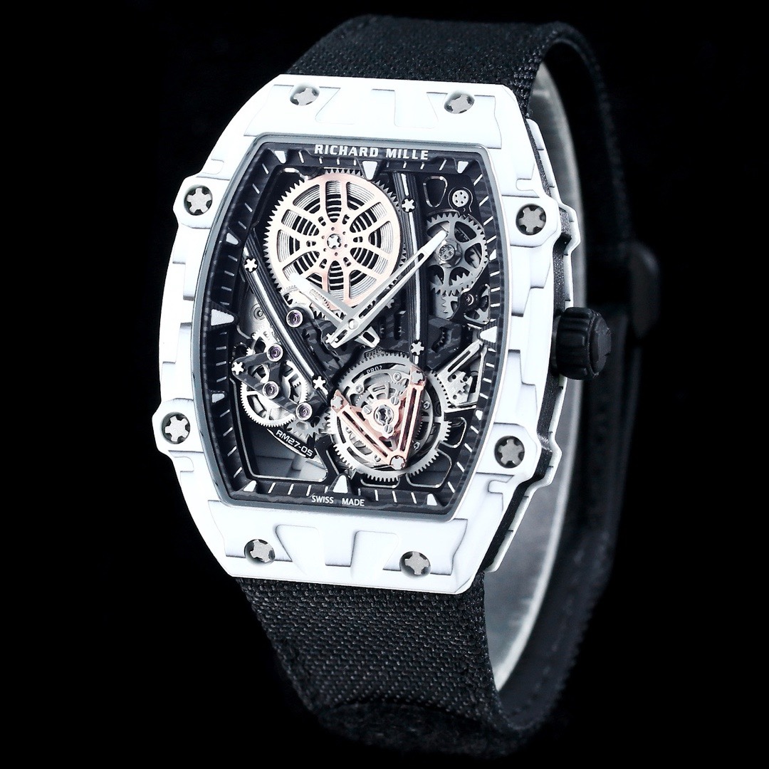 Richard Mille RM27-05 white case black strap tourbillon watch angled view