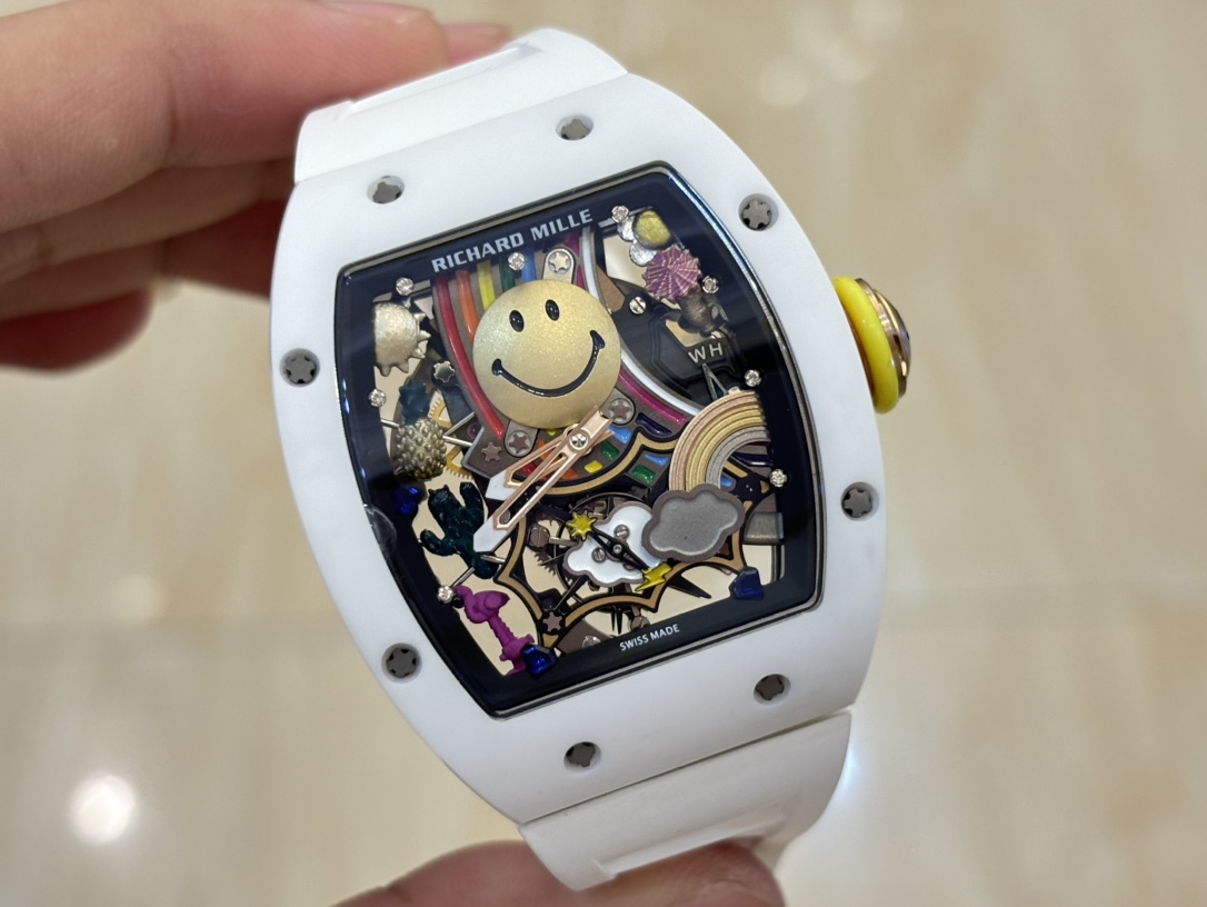Richard Mille RM88 Smiley Automatic Tourbillon White Ceramic Case White Rubber Strap Skeleton Dial Front View Handheld