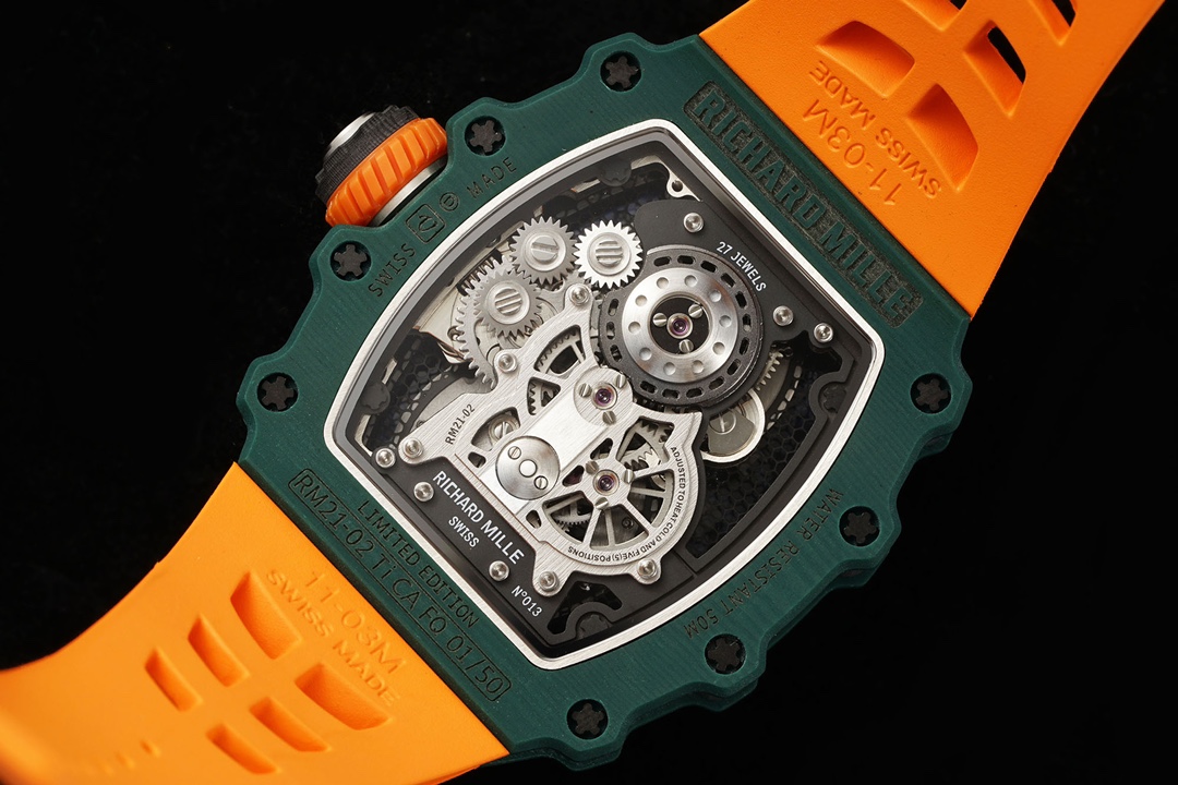 Richard Mille RM21-02 Tourbillon Aerodyne Green Quartz TPT Orange Rubber Strap Caseback Movement Detail