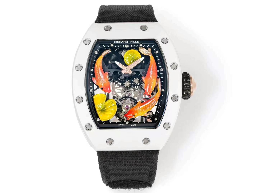 Richard Mille RM S10 Koi Tourbillon White Ceramic Case Black Strap Studio Full Watch View