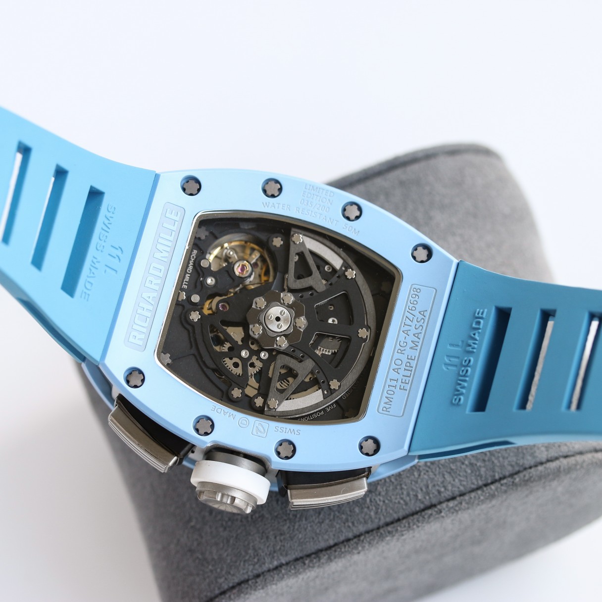 Richard Mille RM11-03 Chronograph Carbon Fiber Blue Ceramic Caseback Movement View