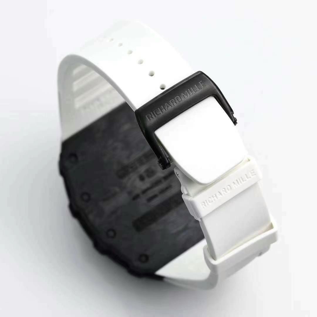 Richard Mille RM35-01 Rafael Nadal Skeleton Carbon Fiber Case White Strap Sport Watch Buckle Detail View