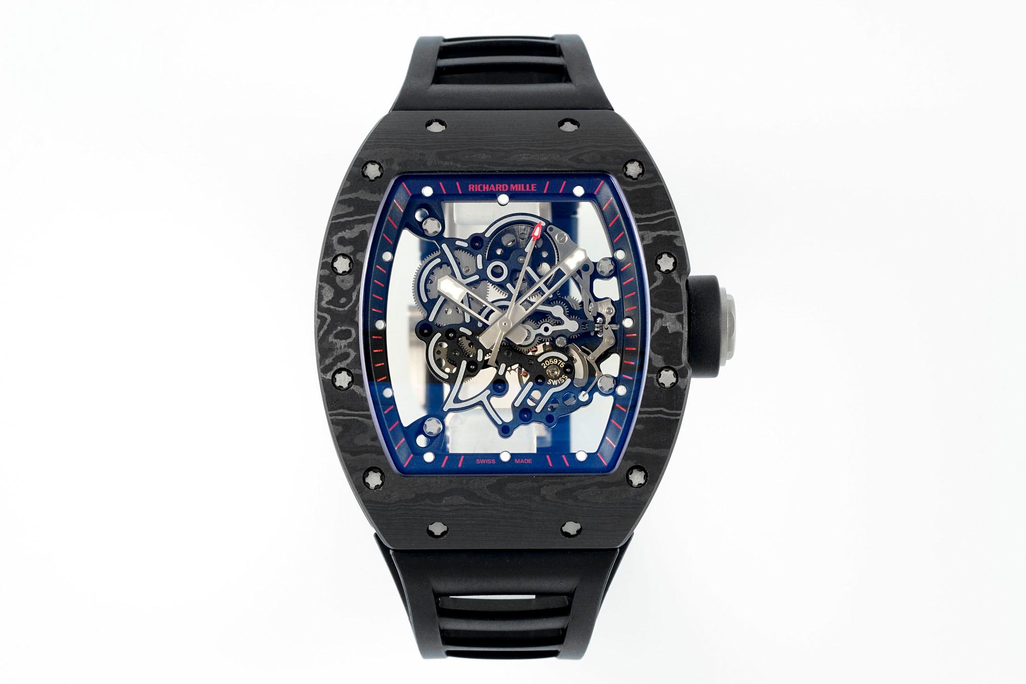 Richard Mille RM055 Skeleton Watch Black Carbon Fiber Black Rubber Strap Full Front View