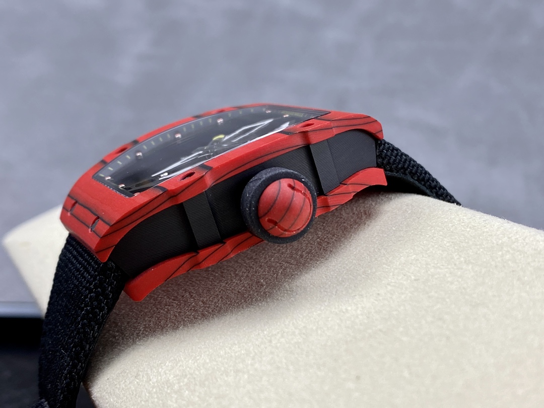 Richard Mille RM 27-03 Nadal Red Black Carbon TPT Case Crown Side Profile Detail View