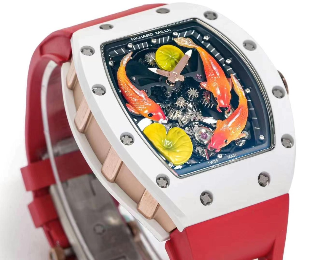 Richard Mille RM S10 Koi Tourbillon Red Rubber Strap White Ceramic Case Angled Perspective View