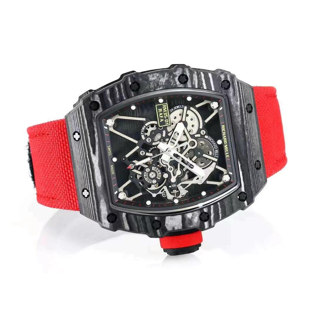 Richard Mille RM 35-01 Rafael Nadal Carbon Fiber Case Red Strap Horizontal Front View