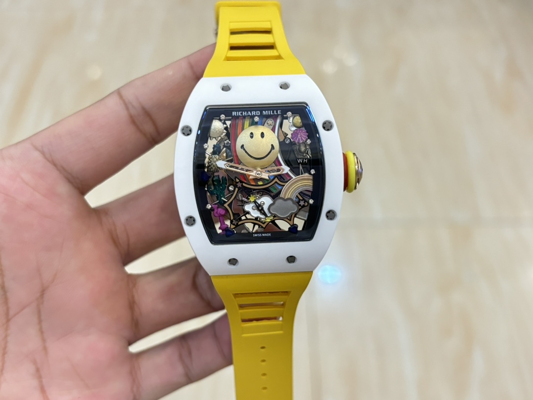 Replica Richard Mille RM 88 Smiley Tourbillon Watch White Case Yellow Strap Gold Smiley Dial Front Detail View