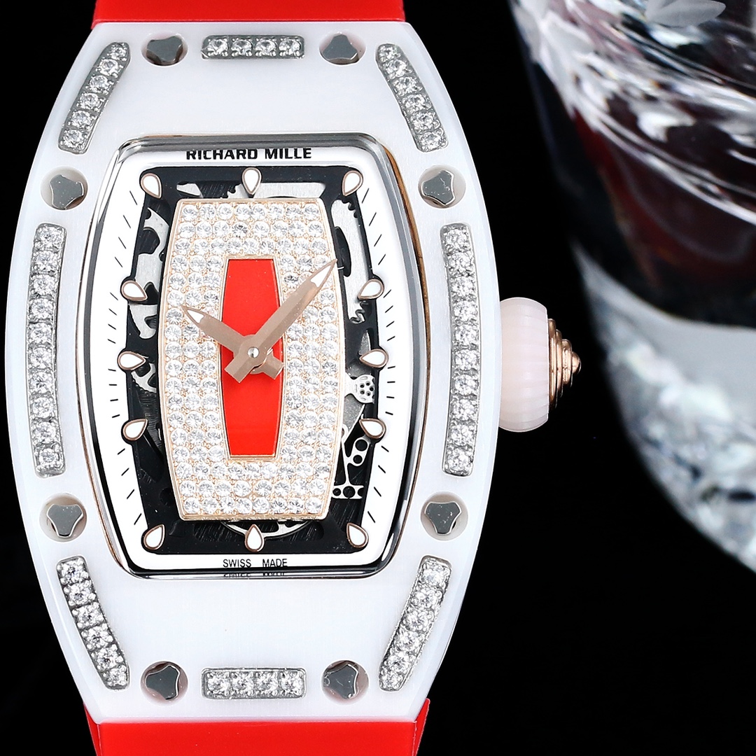 Richard Mille RM07-01 Ceramic Diamond Red Rubber Strap White Case Dial Close-Up Front View