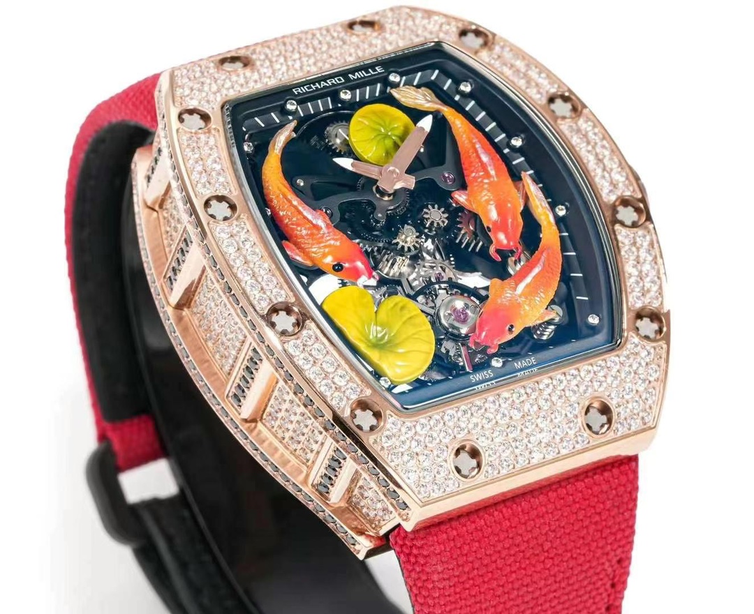 Richard Mille RM S10 Koi Tourbillon Rose Gold Diamond Case Red Nylon Strap Angled Side Detail View