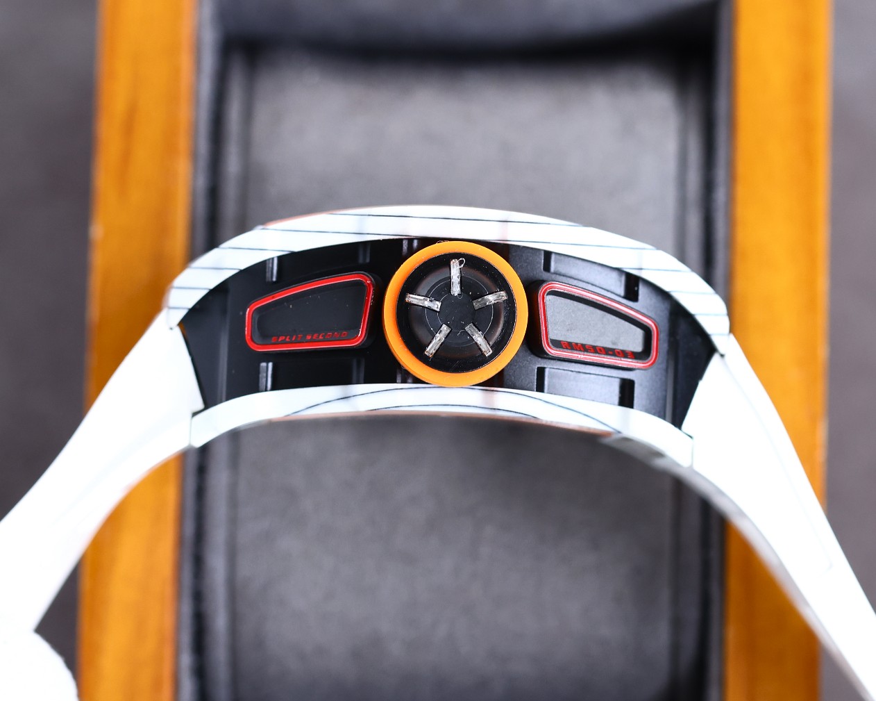 Richard Mille RM50-03 McLaren White Carbon Fiber Case White Strap Crown Side Detail View