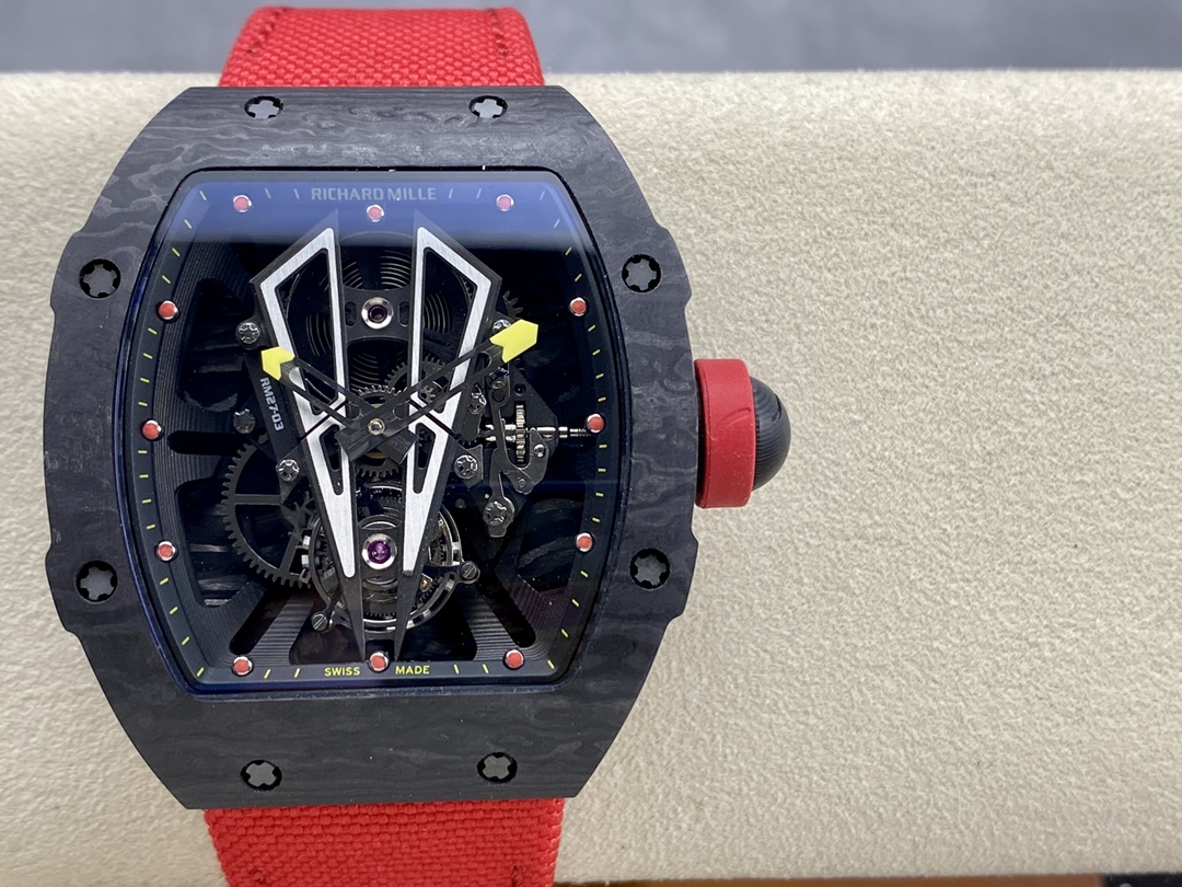 Richard Mille RM Series RM 27-03 carbon fiber case red fabric strap skeleton tourbillon dial front view