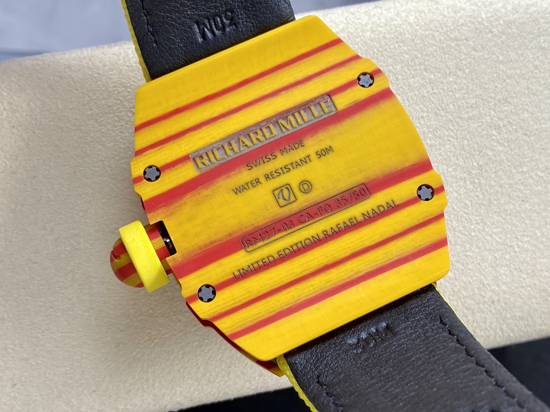Richard Mille RM27-03 red yellow carbon fiber case tourbillon watch caseback detail view