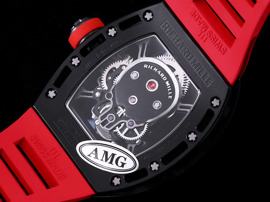 Richard Mille RM052 Titanium Skeleton Tourbillon Black Case Red Rubber Strap Black Skull Dial Caseback Movement View