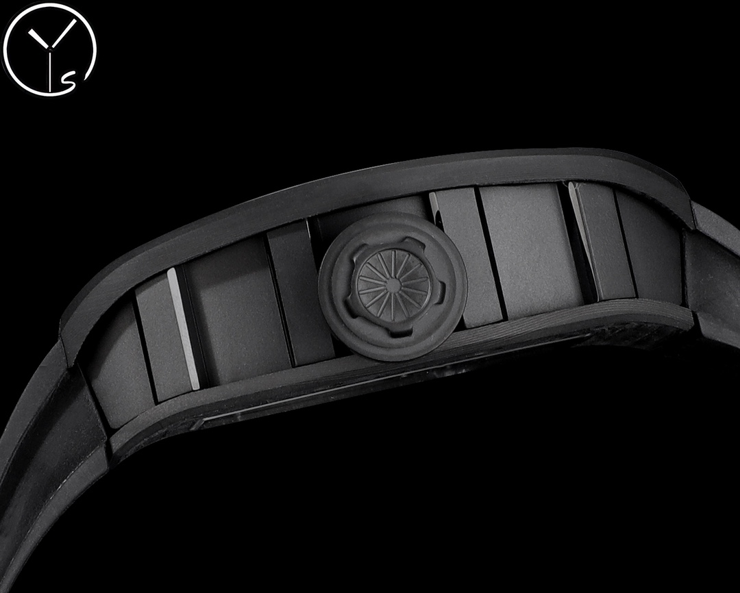 Richard Mille RM Series RM 52-01 carbon fiber camouflage case black rubber strap case side crown detail view