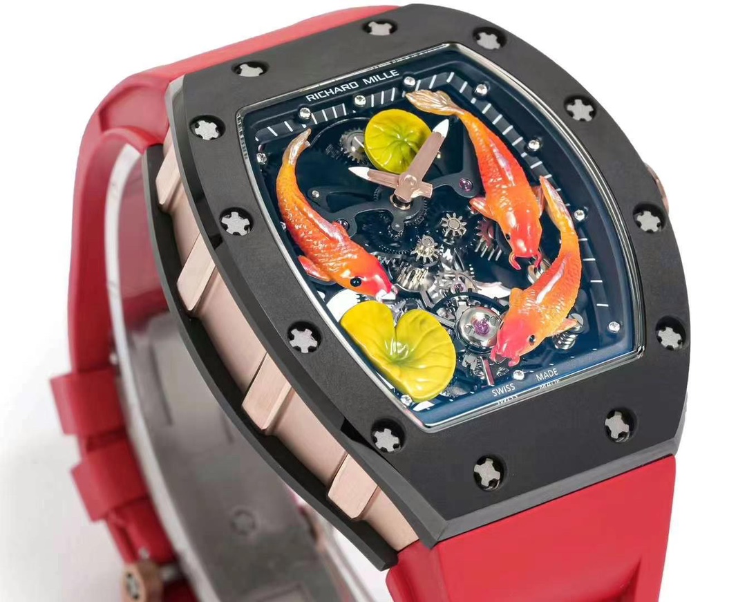 Richard Mille RM S10 Koi Tourbillon Black Case Red Strap Side Perspective View