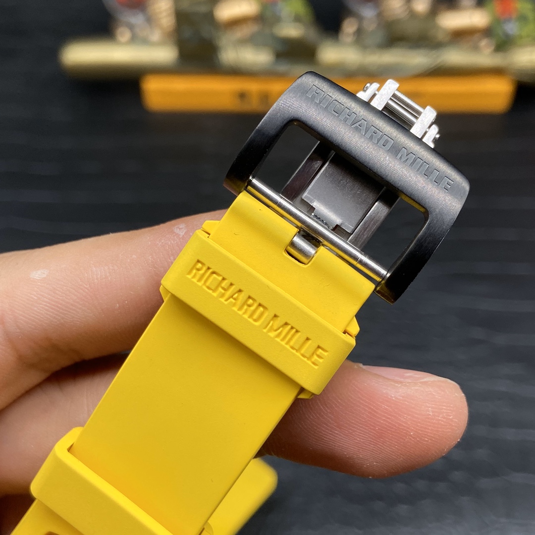 Richard Mille RM 011 Skeleton Dial Black Carbon Fiber Case Yellow Rubber Strap Buckle Detail View
