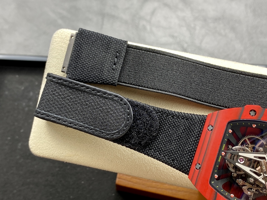 Richard Mille RM 27-03 Nadal Red Black Carbon TPT Case Black Velcro Textile Strap Close-up Detail View