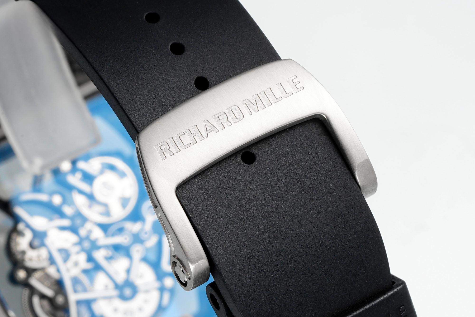 Richard Mille RM055 Skeleton Watch Black Carbon Fiber Case Black Rubber Strap Buckle Clasp Close-Up Detail