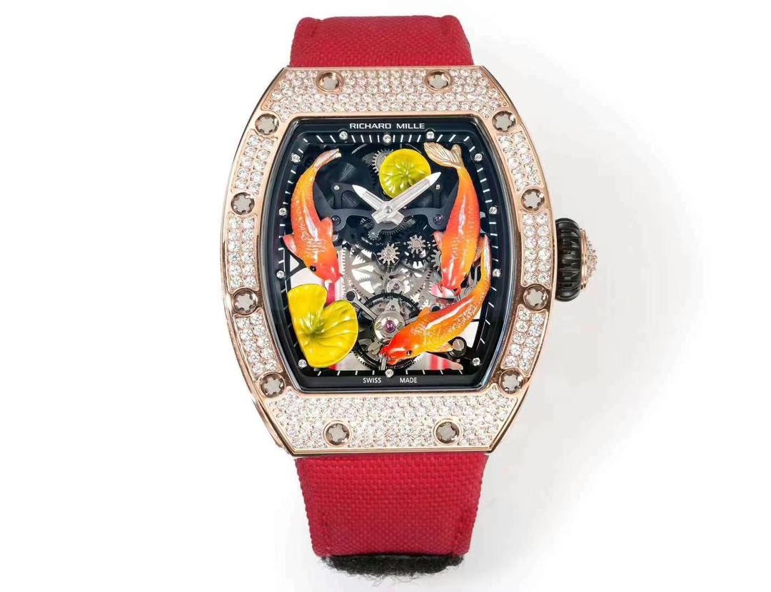 Richard Mille RM S10 Koi Tourbillon Rose Gold Diamond Case Red Nylon Strap Full Front View