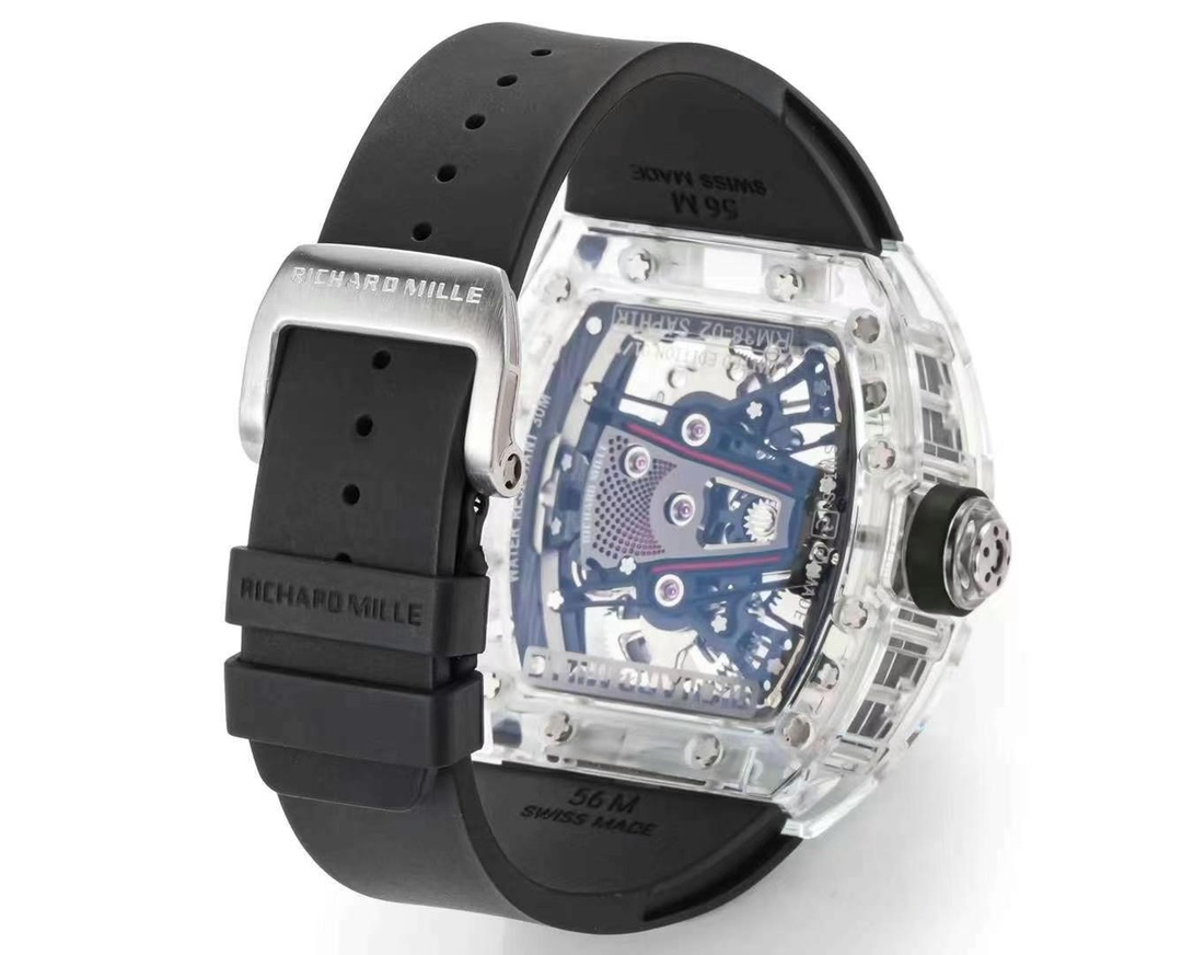 Richard Mille RM Series RM 38-02 transparent sapphire case black rubber strap buckle and caseback view