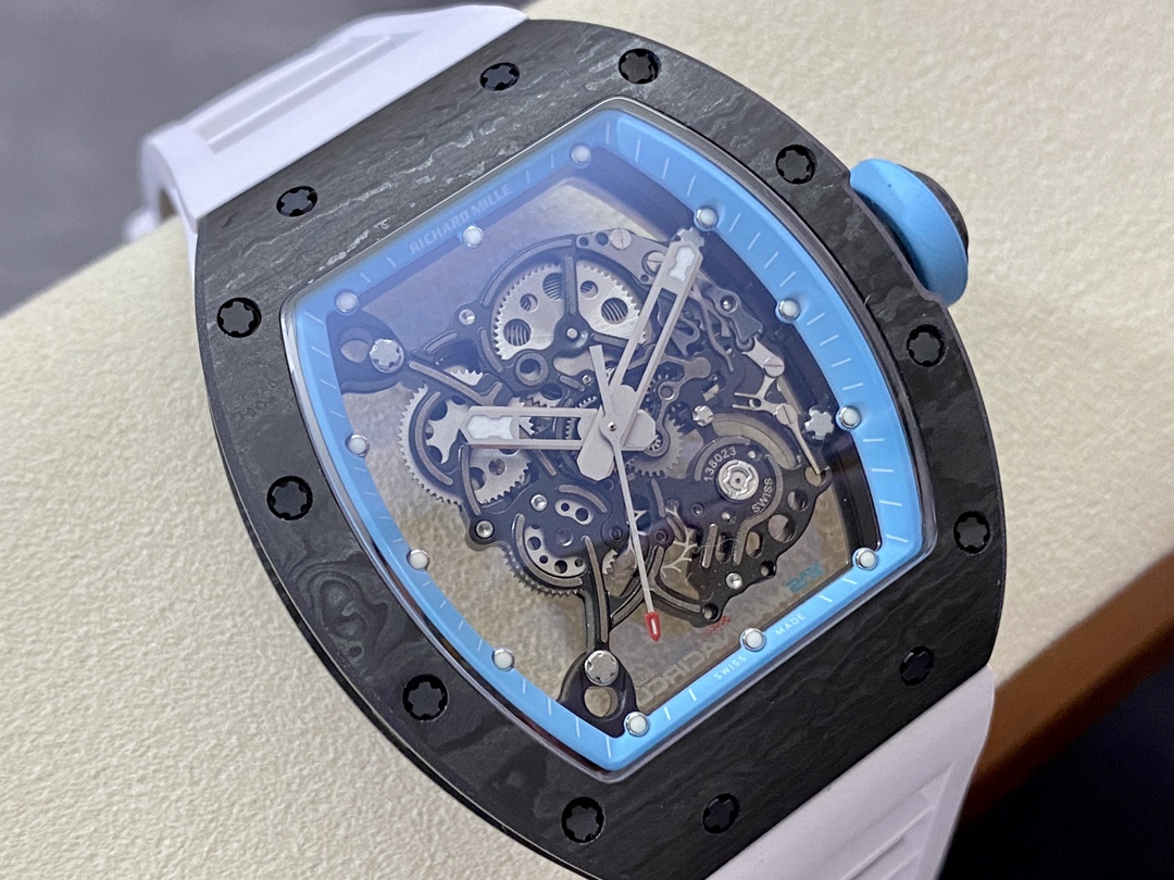 Richard Mille RM055 Yas Marina Abu Dhabi Limited Edition carbon fiber case blue bezel white strap skeleton movement side detail view