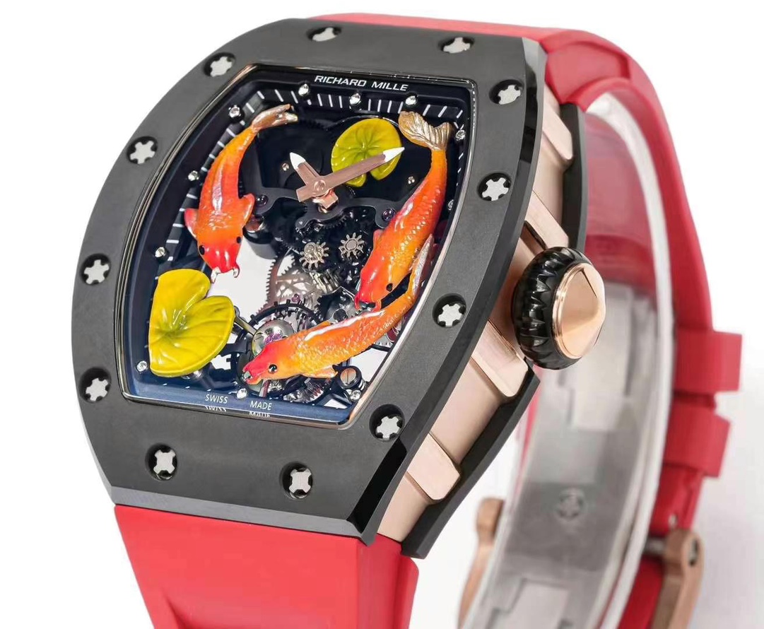 Richard Mille RM S10 Koi Tourbillon Black Case Red Strap Crown Side Detail View