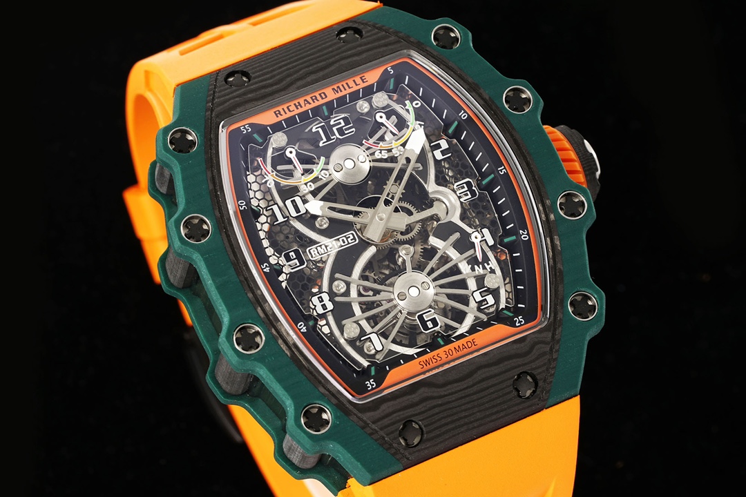 Richard Mille RM21-02 Tourbillon Aerodyne Green Quartz TPT Orange Rubber Strap Perspective View