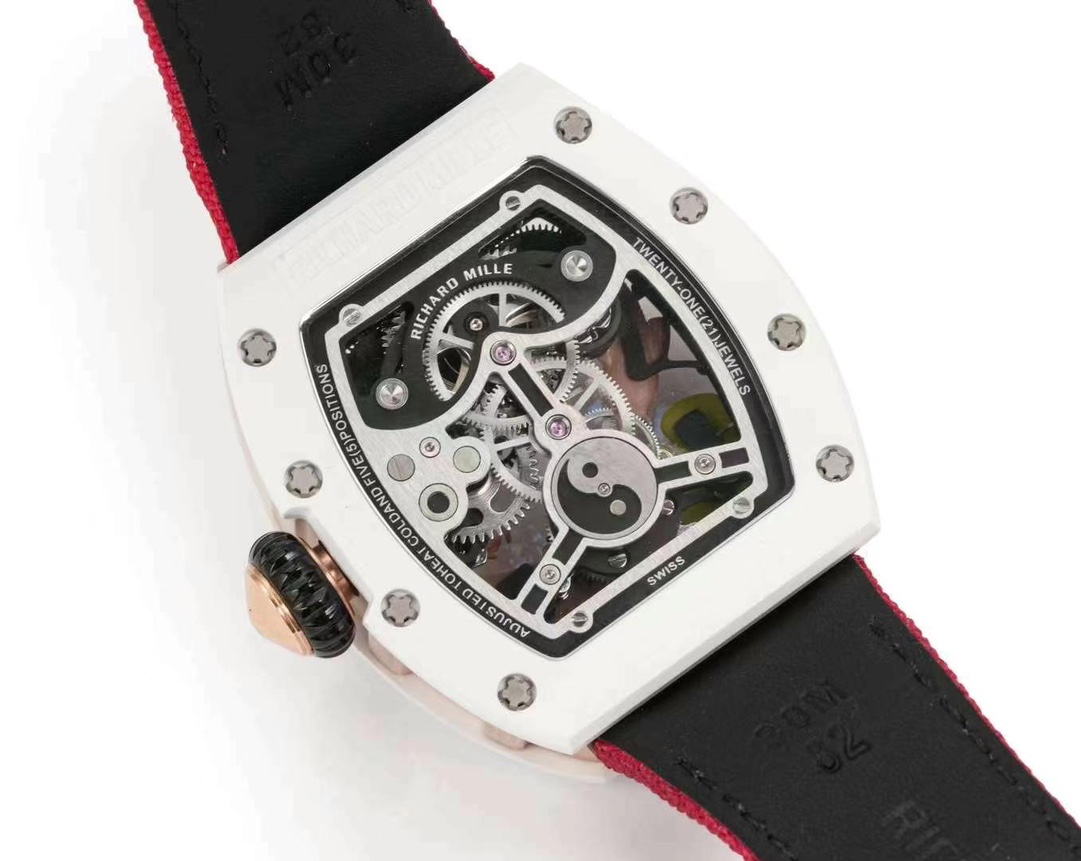 Richard Mille RM S10 Koi Tourbillon Red Nylon Strap White Ceramic Case Transparent Back Movement View