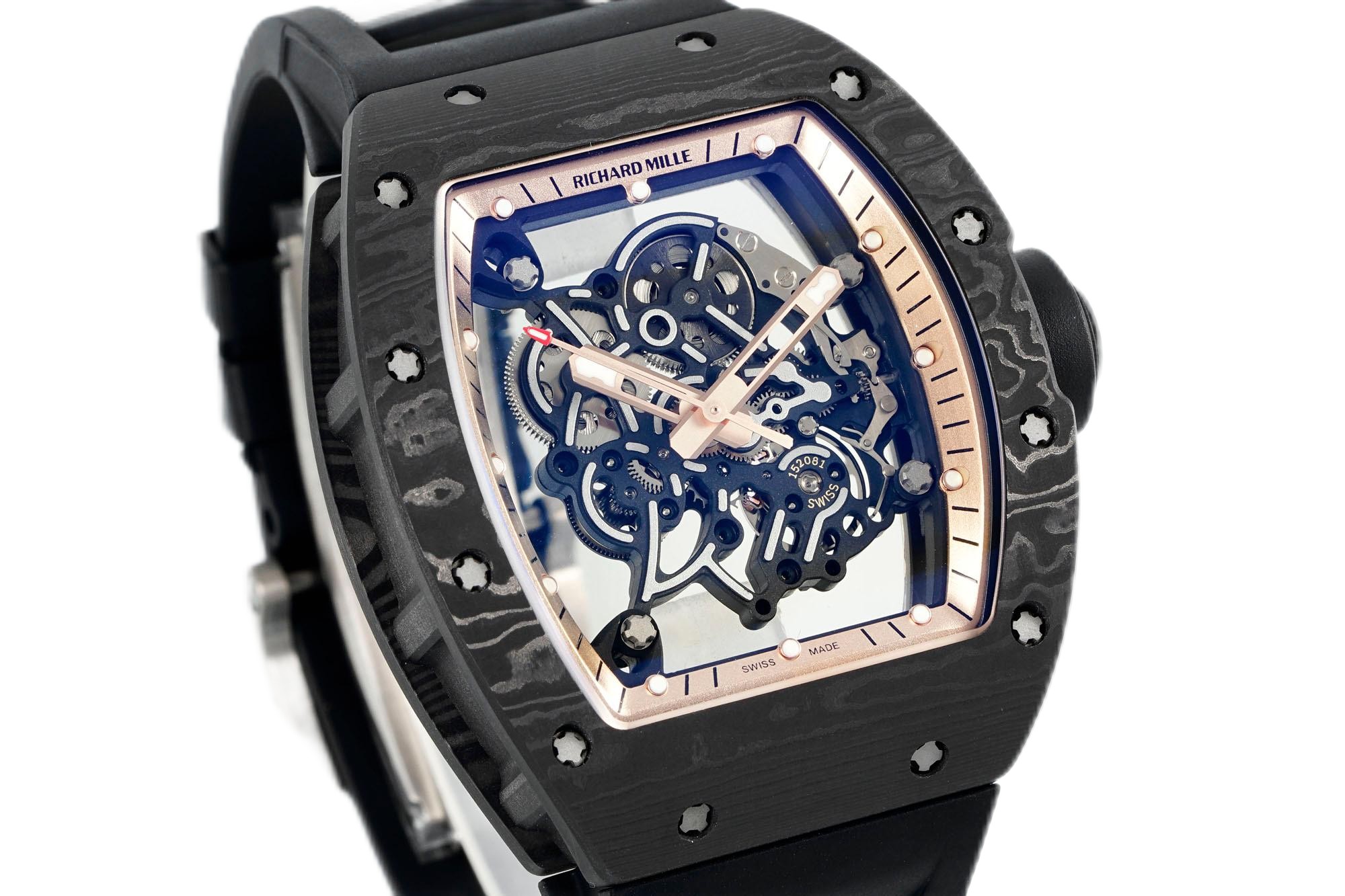 Richard Mille RM055 Carbon Fiber Black Skeleton Dial Close-Up Angled View Luxury Watch