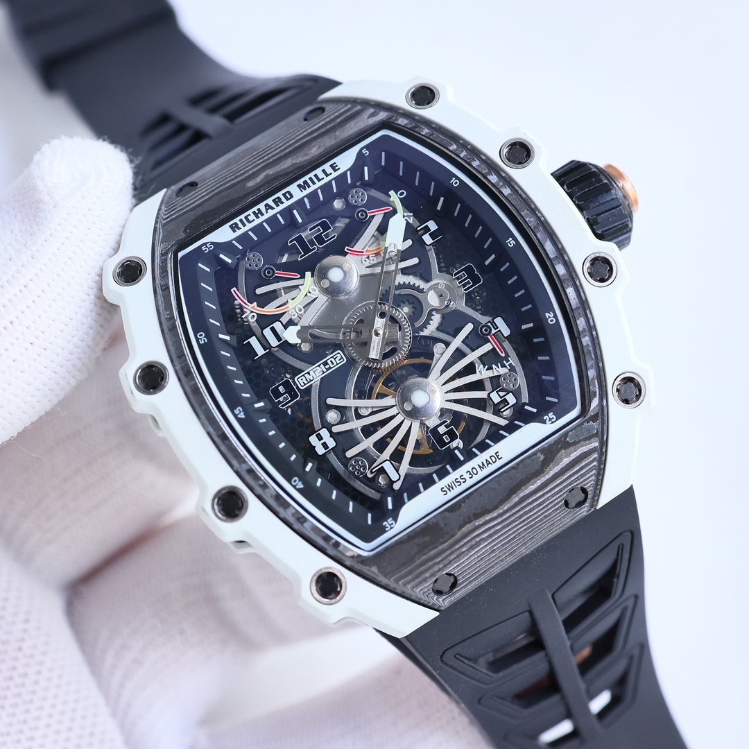 Richard Mille RM21-02 Skeleton Tourbillon Carbon Case Black Strap Sport Watch Angled Side View