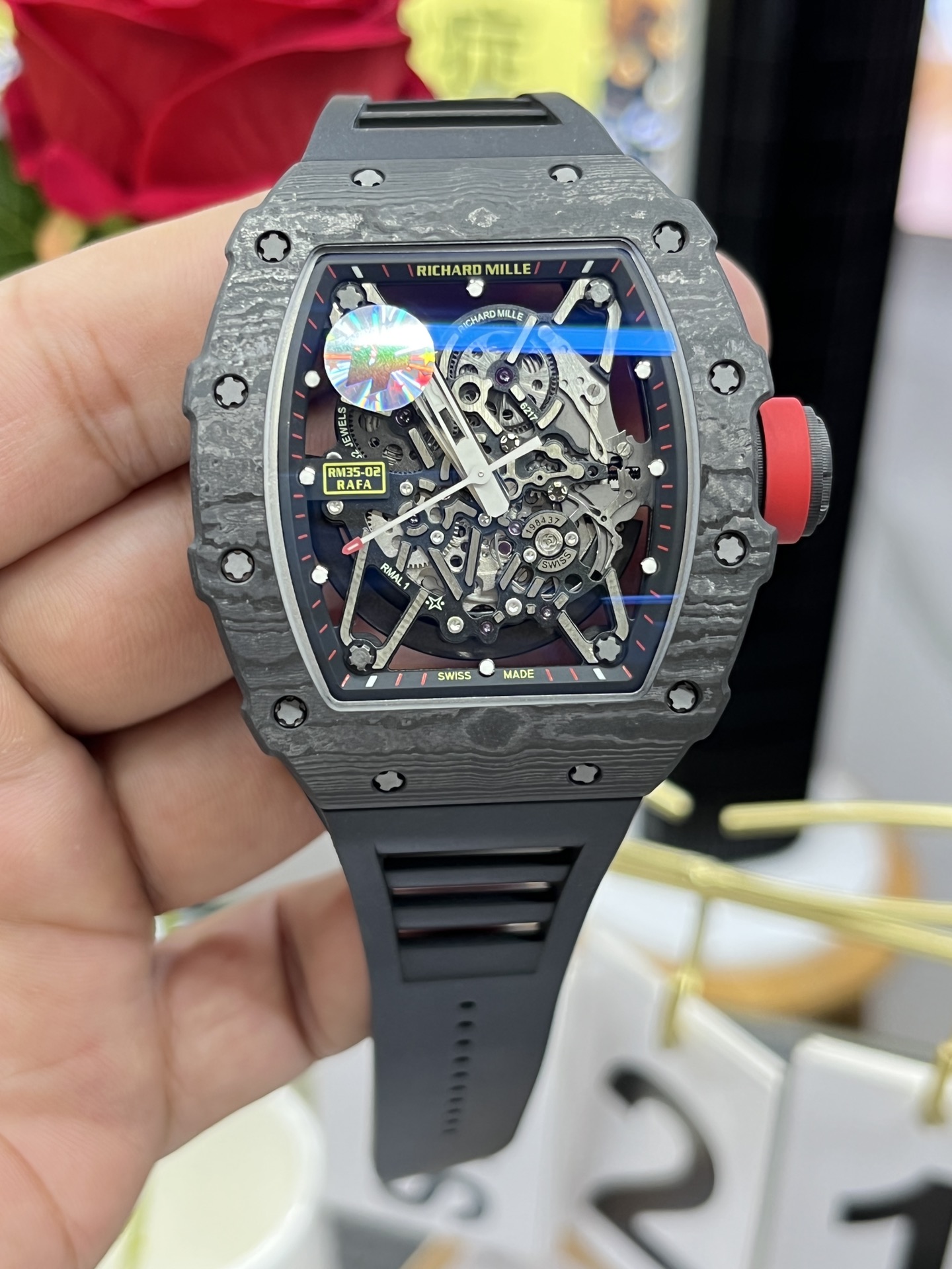Richard Mille RM35-02 Carbon Fiber Skeleton Dial Black Rubber Strap Close-Up Front Detail