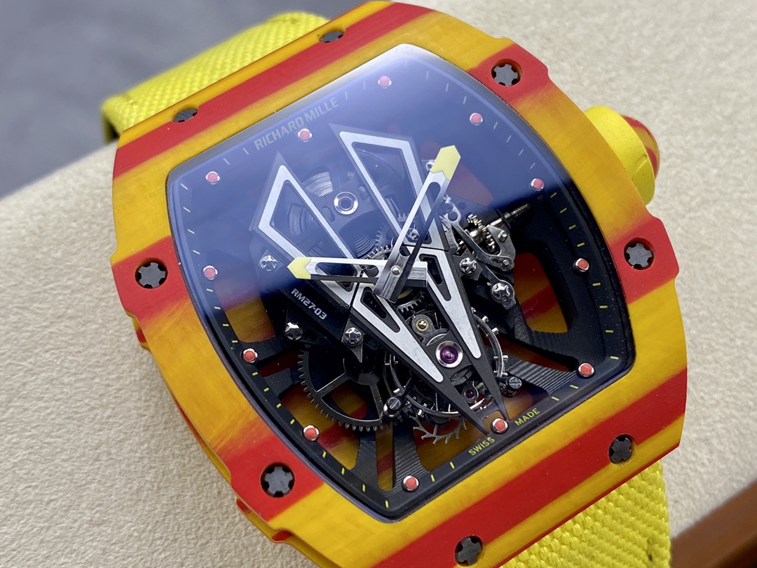 Richard Mille RM27-03 Rafael Nadal Tourbillon Carbon Fiber Yellow Red Case Dial Perspective Detail