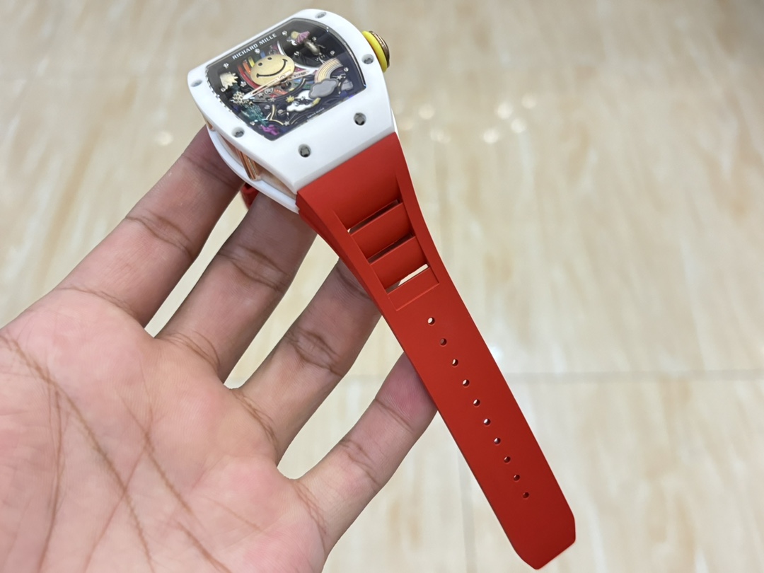 Richard Mille RM88 Smiley Tourbillon White Ceramic Case Red Rubber Strap Detail Handheld