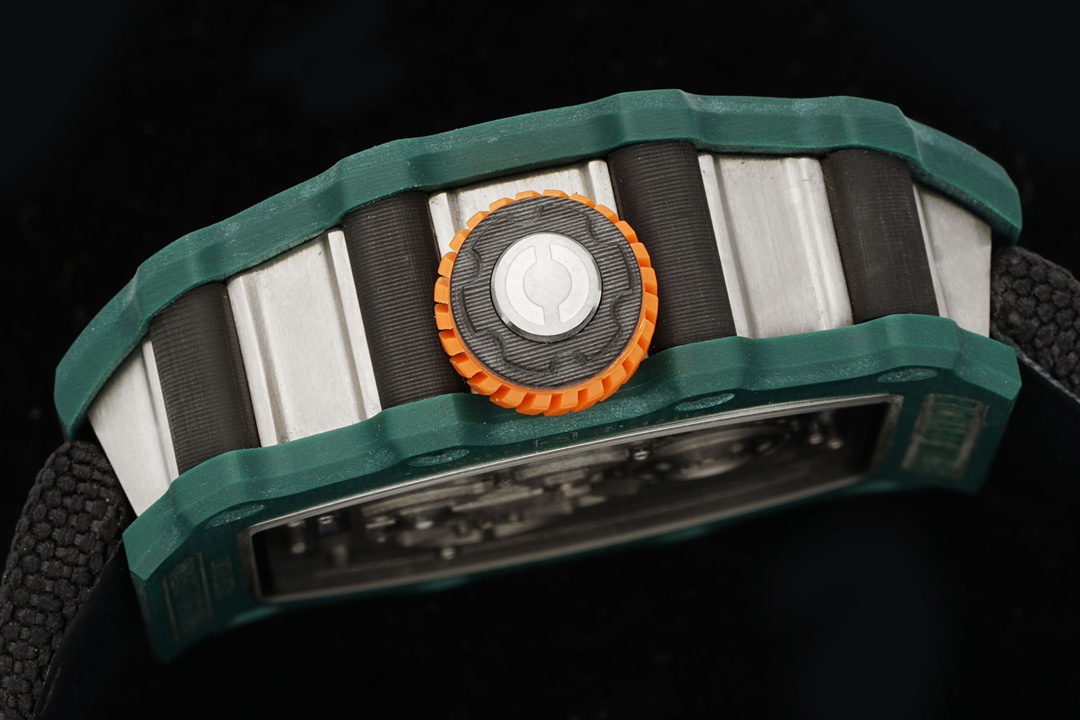 Richard Mille RM21-02 Tourbillon Aerodyne Green Carbon Case Skeleton Dial Black Fabric Strap Crown Side Detail View