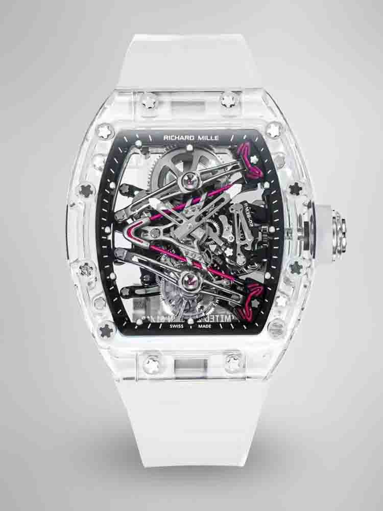 Richard Mille RM 38-02 Tourbillon Sapphire Crystal Transparent Case Skeleton Watch Black Dial Red Accents White Rubber Strap Front View
